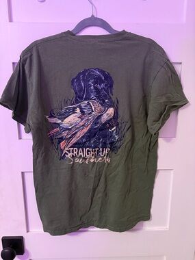 Olive Green Short-Sleeve Tee with Retriever & Duck Art